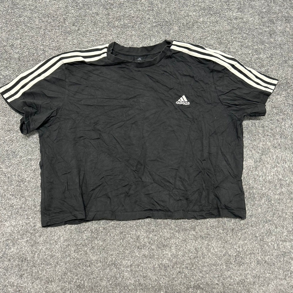 Adidas T-Shirt Womens Size XL Black Cotton Cropped Three Stripe Athletic Casual